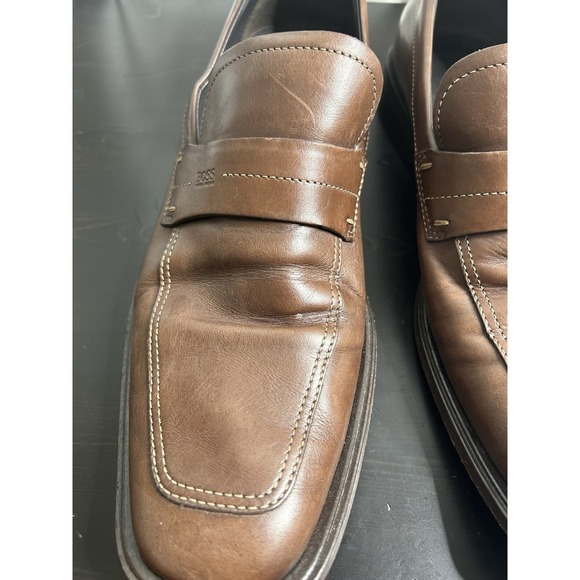 Hugo Boss Mens Brown Leather Slip On Loafers Dress Shoes Size 8.5 - Picture 4 of 7